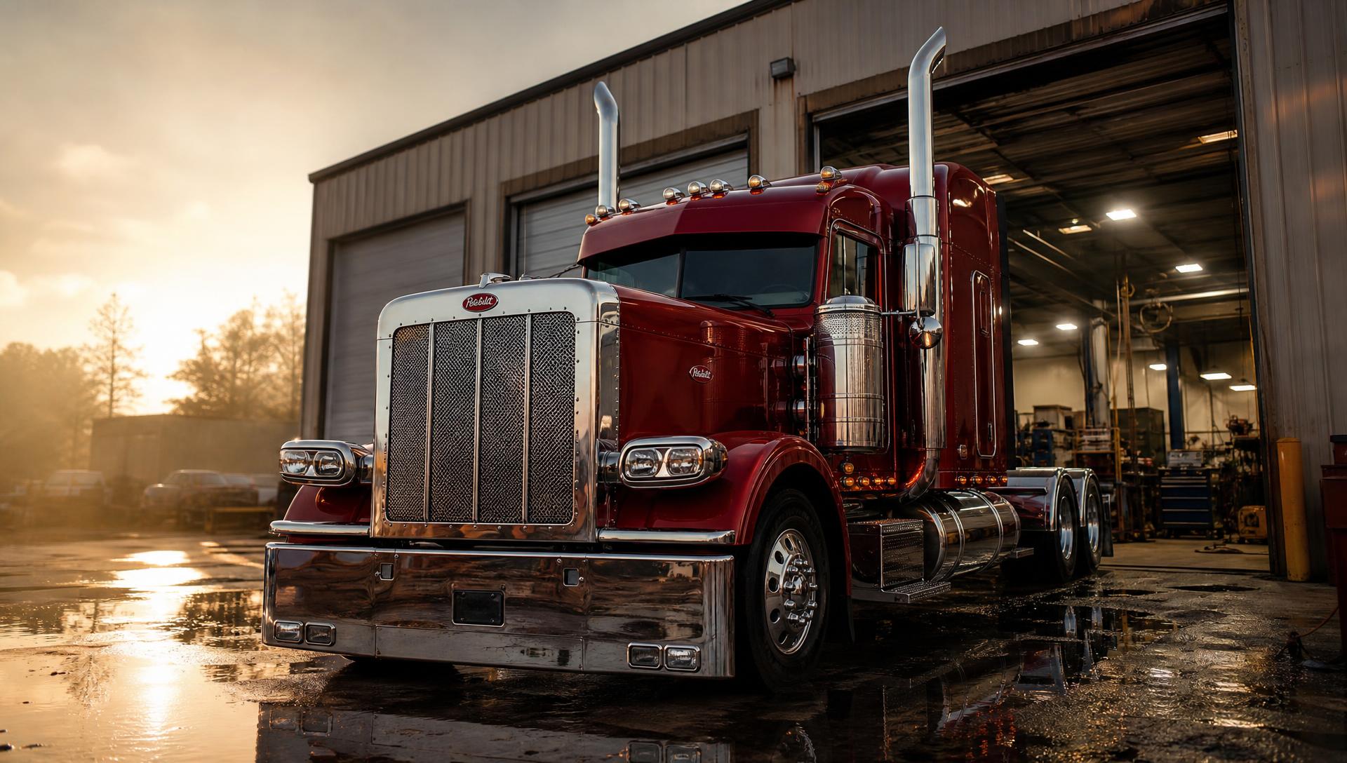 A 2021 Peterbilt 389 pulling out of a diesel repair shop at golden hour